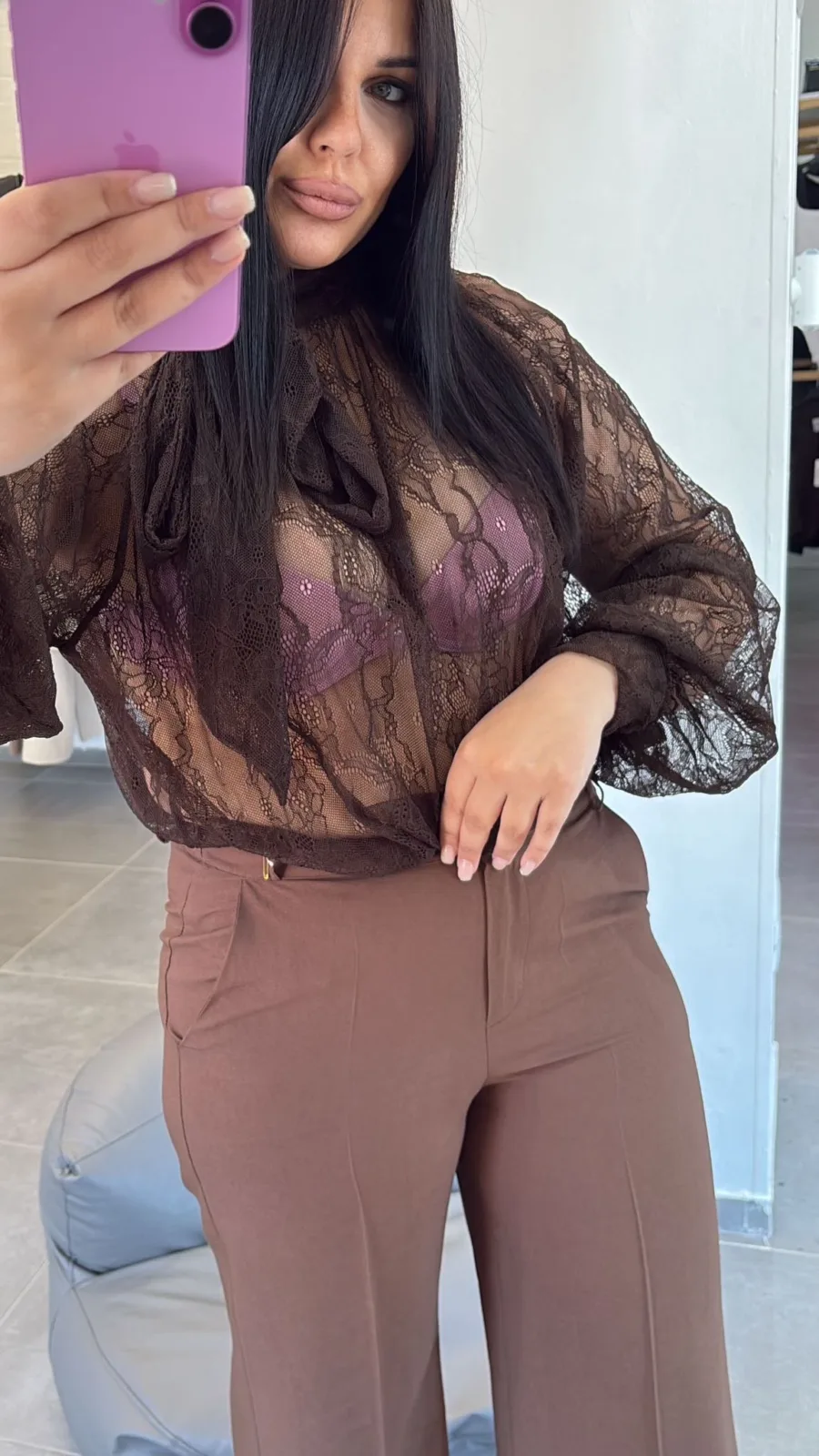 Camicia in pizzo marrone